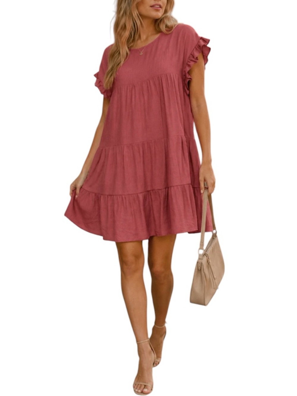 BOUTIQUE Tiered Ruffle Sleeve Swing Mauve Dress